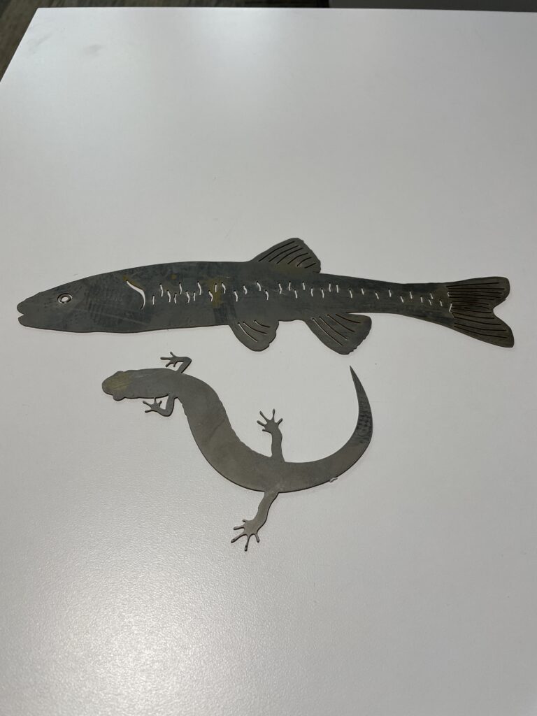 two finished metal pieces: a fish and a salamander