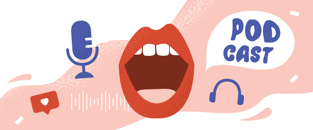 chat bubble heart, microphone icon, female mouth open, headphones icon, podcast in speech bubble