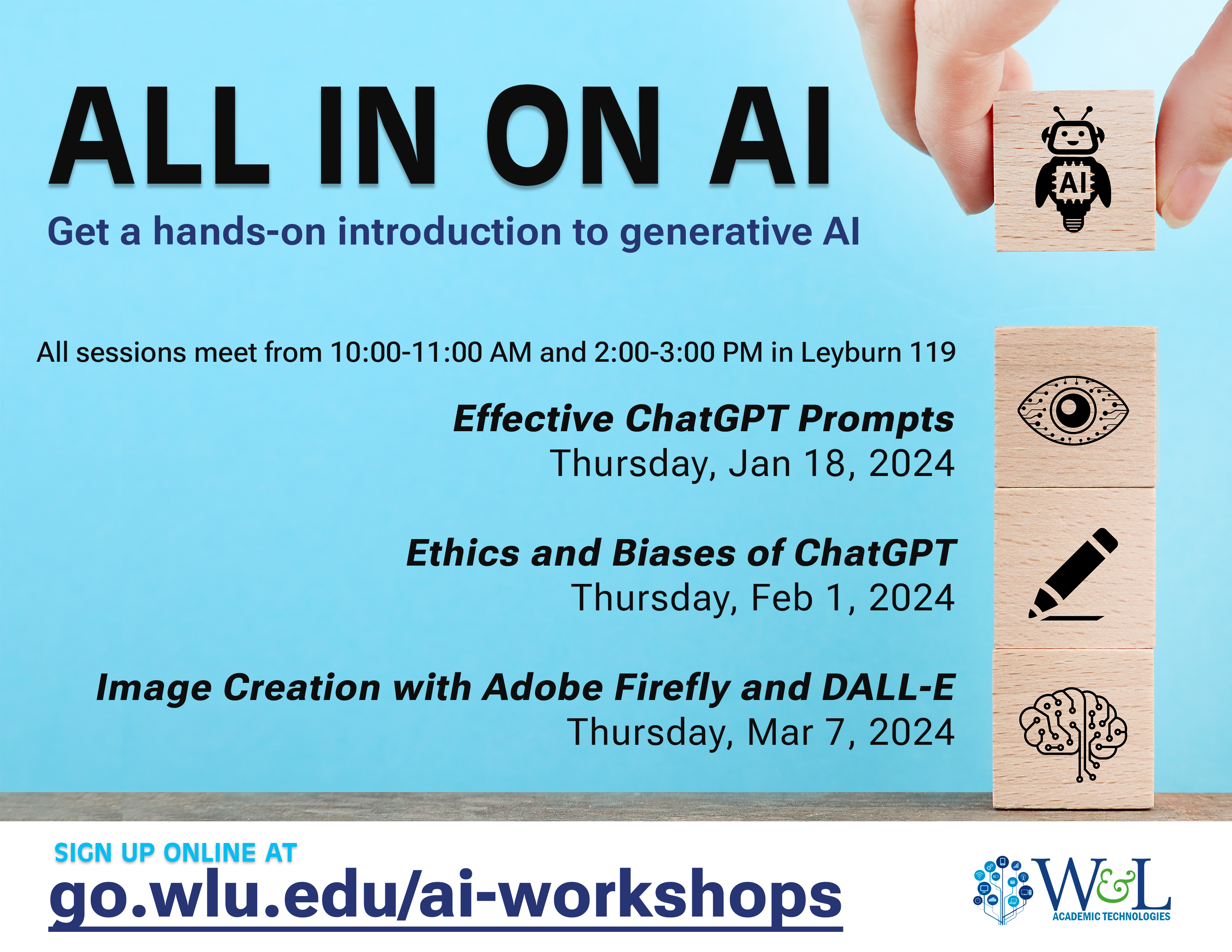 Effective ChatGPT Prompts -Thursday, Jan 18, 2024
Ethics and Biases of ChatGPT - Thursday, Feb 01, 2024
Image Creation with Adobe Firefly and DALL-E -Thursday, Mar 07, 2024